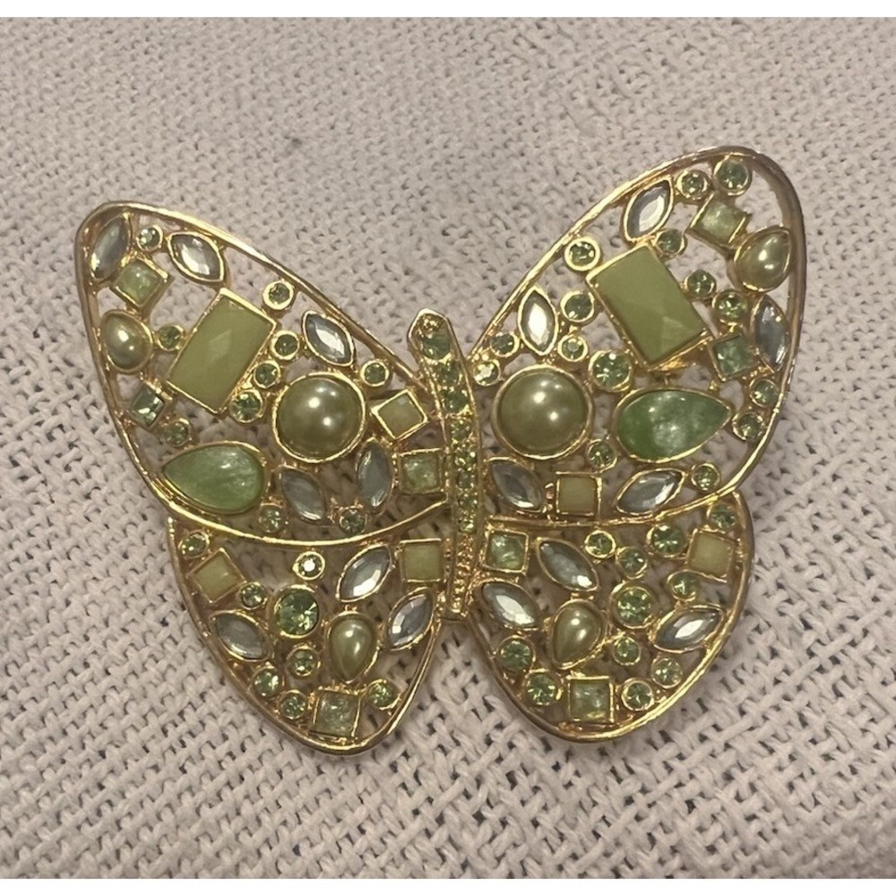 ROBERT ROSE‎ BUTTERFLY GREEN RHINESTONE FAUX PEARL PIN BROOCH GOLD TONE